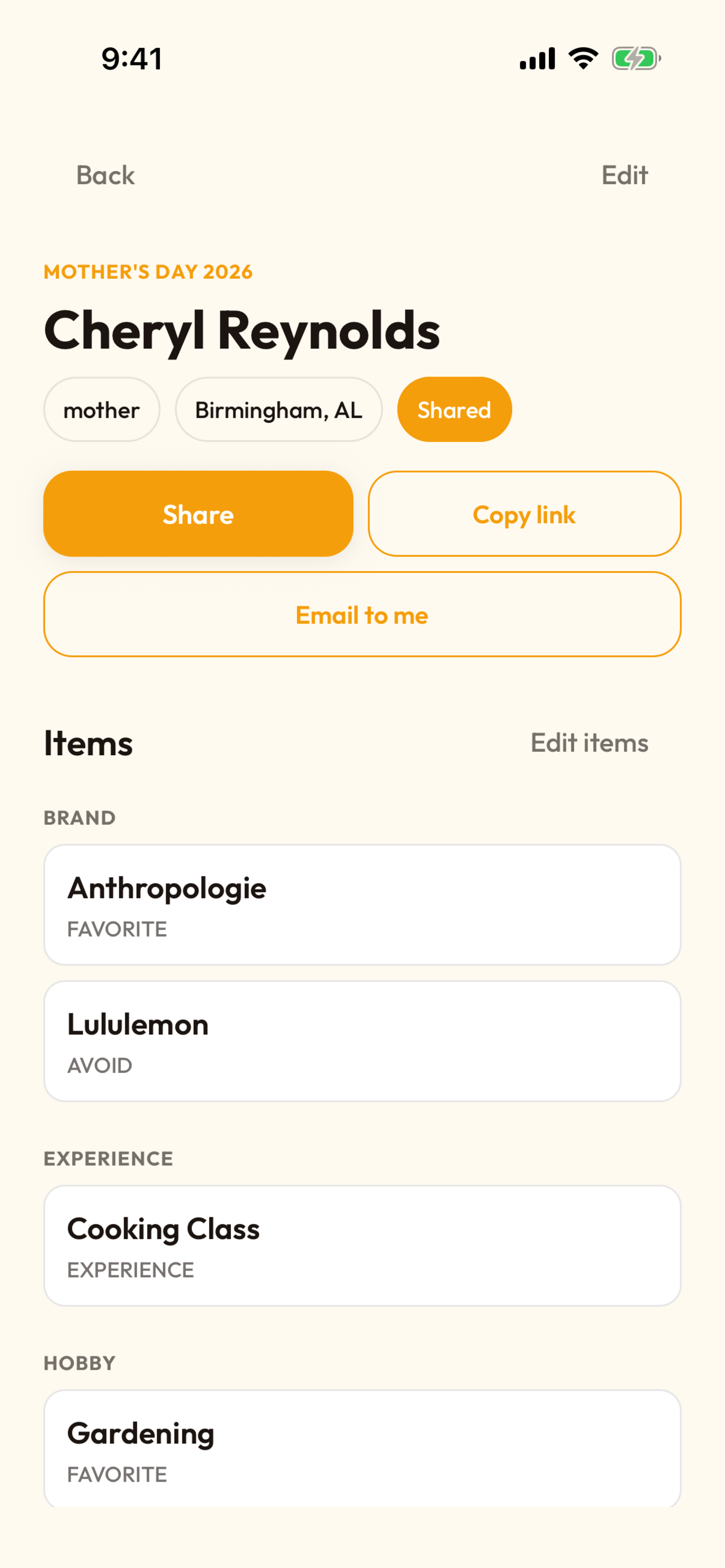 Gift profile screen on iPhone